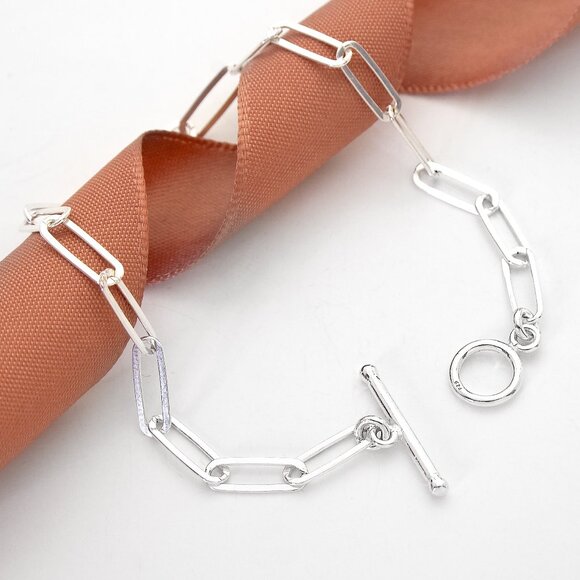925 Sterling Silver Paperclip Toggle Clasp Bracelet 7 inch, Dainty Bracelet - Picture 1 of 9